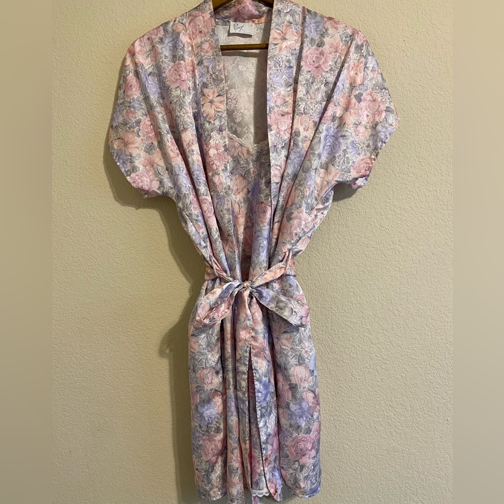 Vintage 80s Pink Floral Nightgown and Robe Satin Lingerie Set Size Large